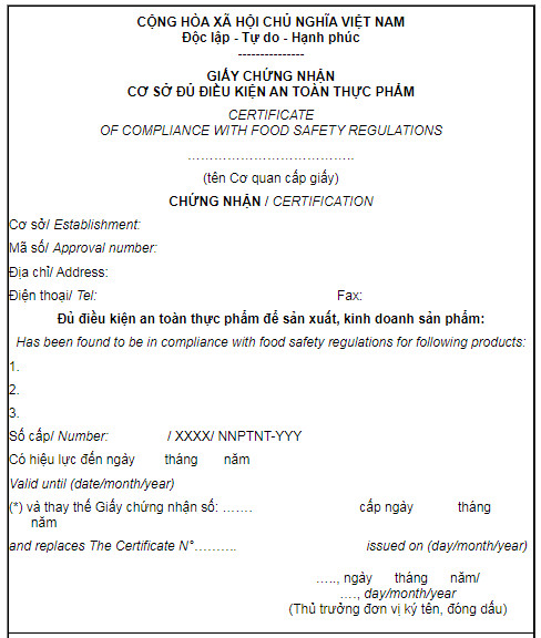 mẫu giấy chứng nhận an toàn vệ sinh thực phẩm