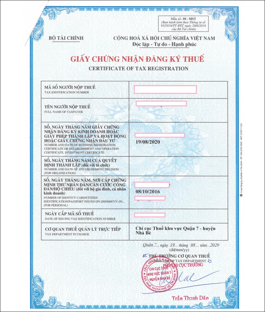 giấy chứng nhận đăng ký thuế